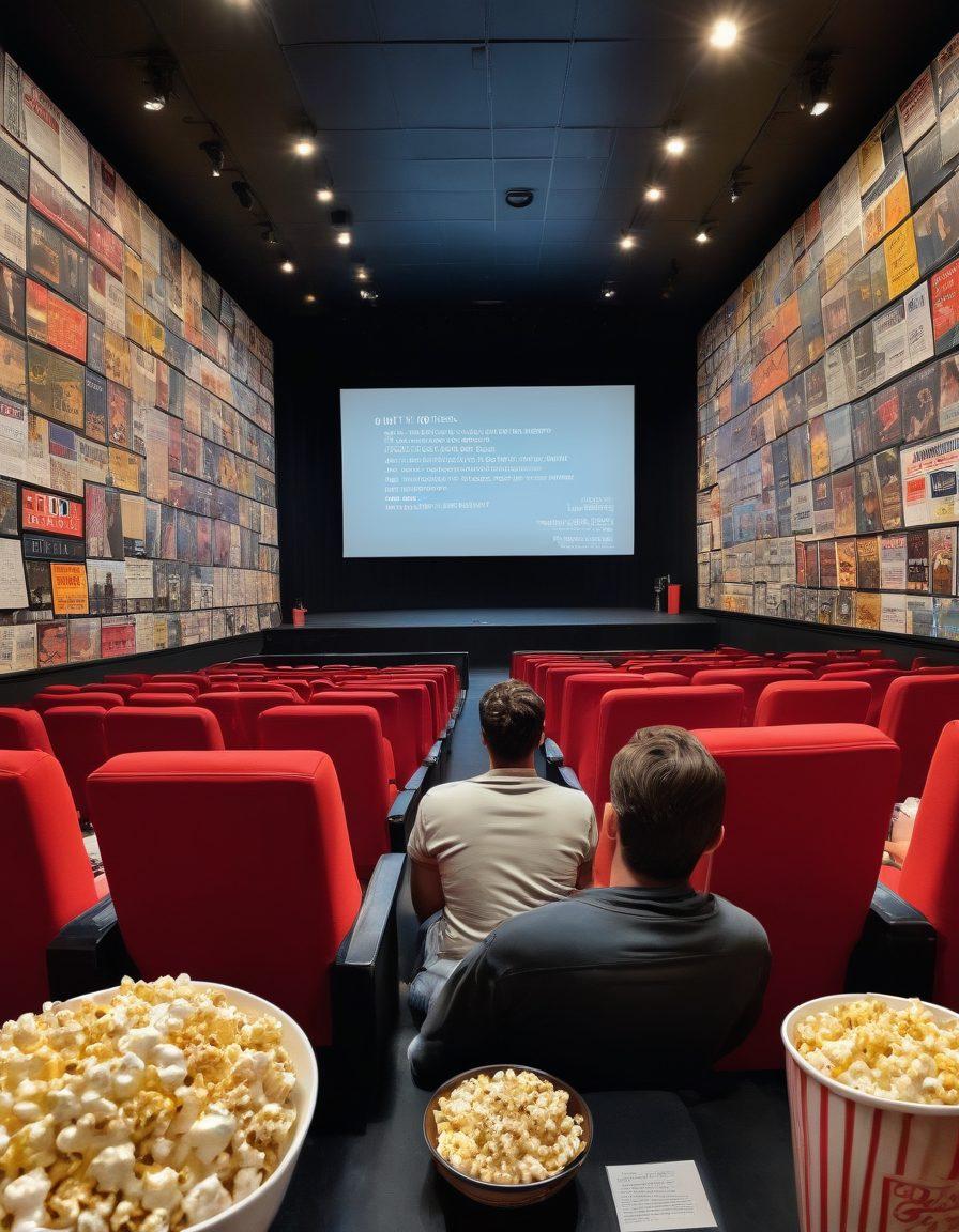 A collage of iconic movie posters in a vibrant cinema setting, featuring a critic thoughtfully watching a film on a large screen. Include a notepad with notes and a pen beside a bowl of popcorn, creating an inviting atmosphere for cinephiles. Add film reels and a spotlight shining down for dramatic effect. super-realistic. vibrant colors. cinematic theme.