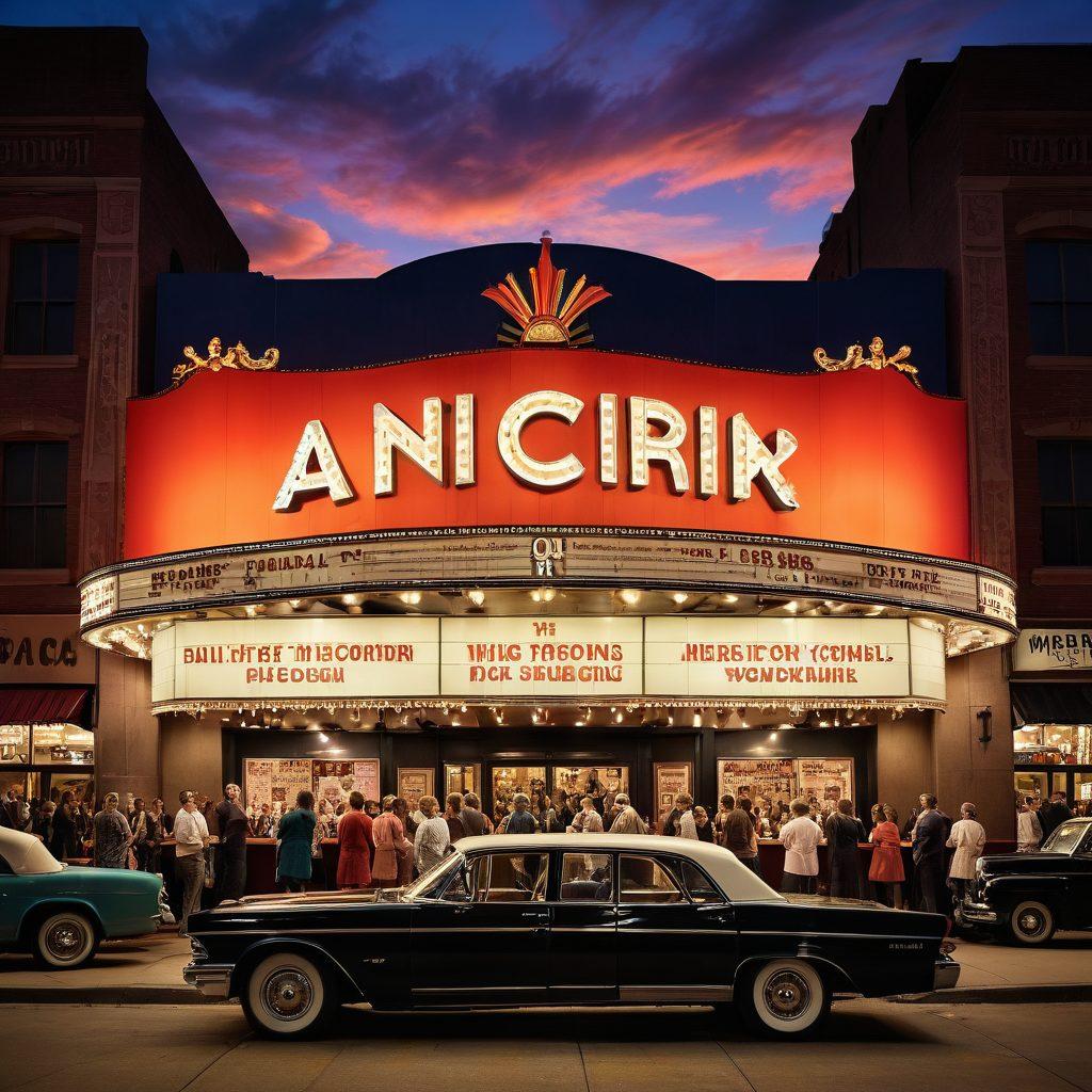 A whimsical scene featuring a vintage cinema with a glowing marquee that reads 'Unlock the Magic of Cinema'. Surrounding the cinema, film reels, popcorn, and classic movie posters float in mid-air, symbolizing the journey through film. In the foreground, a diverse group of enthusiastic movie critics hold notepads and film projectors, passionately discussing films. The sky is painted with vibrant colors reminiscent of a movie sunset, casting a magical glow over the entire scene. vibrant colors. super-realistic. whimsical.